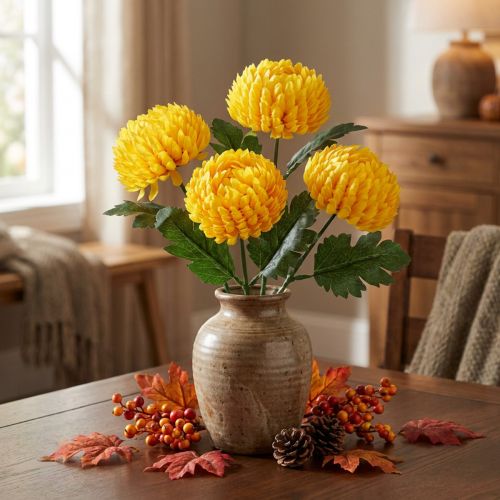 Chrysanthèmes jaunes en soie, Ø 7 cm, longueur 18 cm, 4 pièces | Floristik24.be