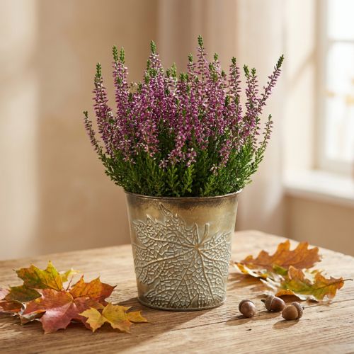 Jardinière pour l'automne, pot en métal à décor de feuilles, jardinière dorée Ø10cm H10cm | Floristik24.be