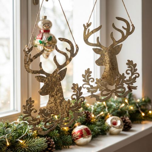 Décoration à suspendre en métal - Têtes de cerf dorées avec feuillage, set de 2, H23cm | Floristik24.be