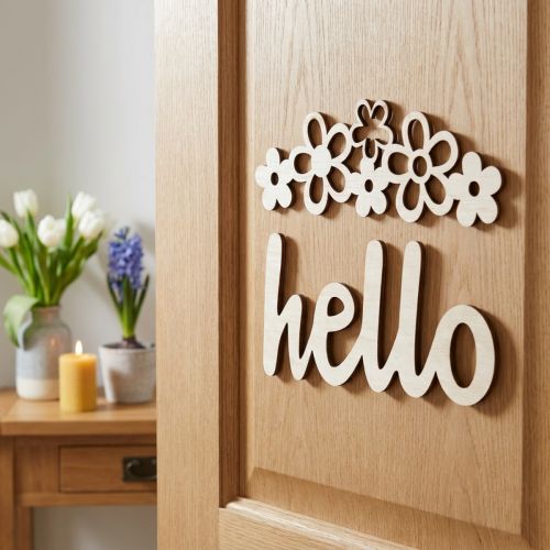 Décoration en bois fleurs "Hello" signe déco nature avec aimant 18/19.5cm 6pcs | Floristik24.be