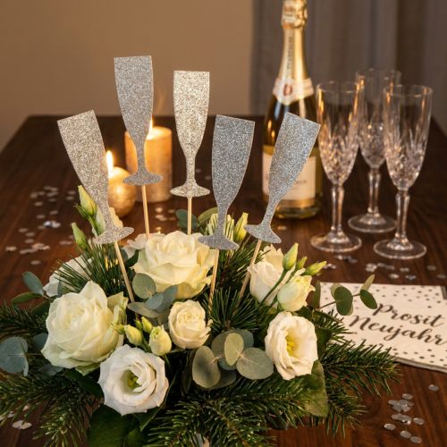 Décoration du Nouvel An verre à champagne bouchons de fleurs en argent 9cm 18 pcs | Floristik24.be