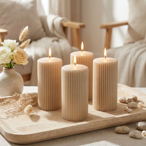 Bougies piliers bougie rainurée beige 70/130mm 4 pcs | Floristik24.be