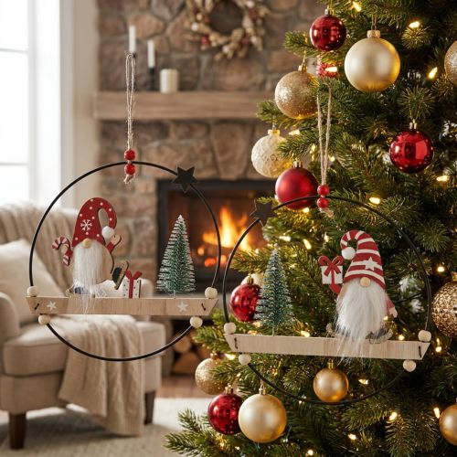 Duo de décorations suspendues rondes en métal avec lutins de Noël, Ø 21,5 cm | Floristik24.be