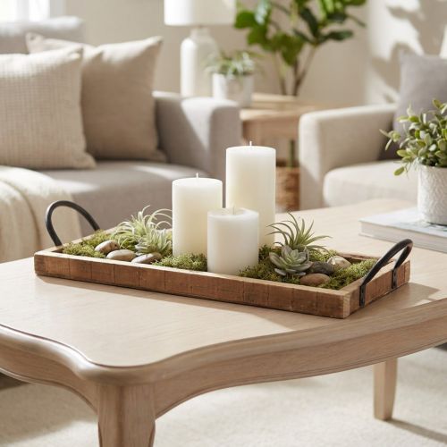 Article Plateau en bois avec poignées, plateau décoratif, oblong, naturel, 50×19×3cm