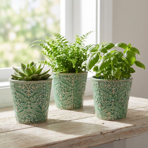 Jardinière céramique vernis craquelé vert Ø11cm H11cm 3pcs | Floristik24.be