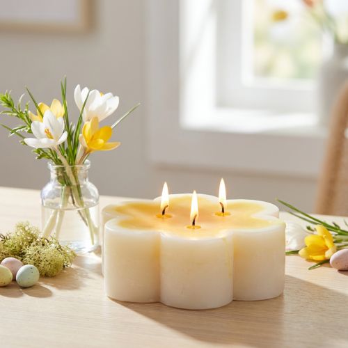 Bougie trois mèches bougie fleur décorative jaune blanc Ø11,5cm H4cm | Floristik24.be
