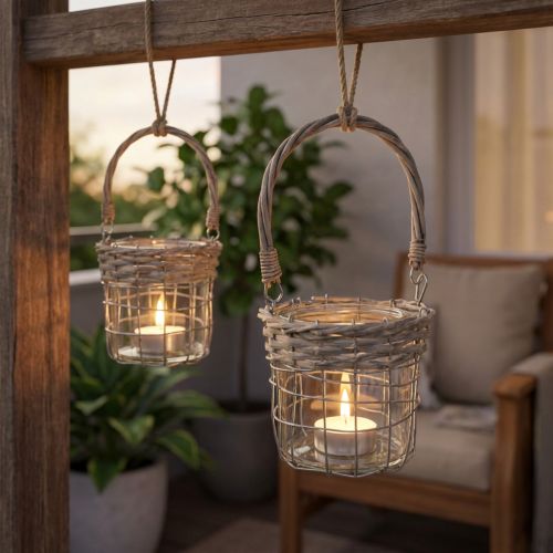 Article Lanterne décorative suspendue, métal, verre, osier, Ø13 cm H12 cm, 2 pièces