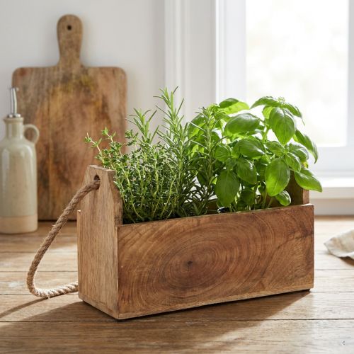 Jardinière en bois avec poignée, carrée, jute naturelle 27x12x17cm | Floristik24.be