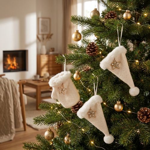Ensemble de décorations de Noël en feutrine – Gants et bonnets crème (6 pièces) | Floristik24.be