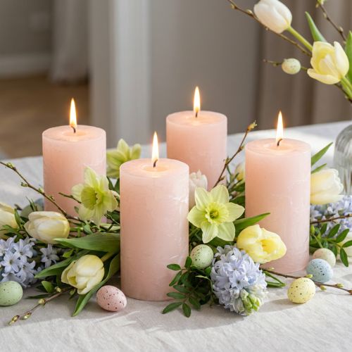 Bougies piliers, rose clair uni, 60×100 mm, lot de 4, bougies décoratives pour Pâques et les mariages | Floristik24.be