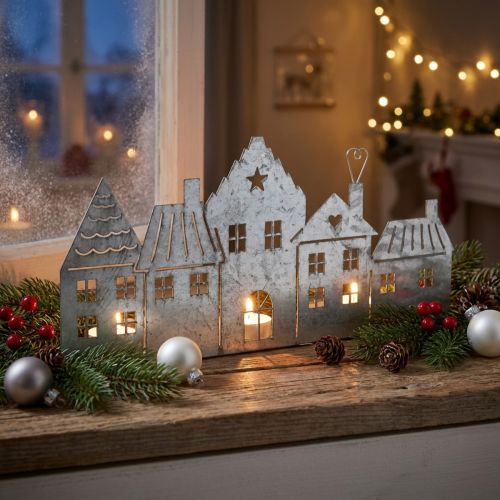Décoration de Noël maisons, photophore métal argenté 25cm | Floristik24.be