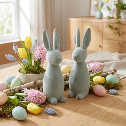Lapin de Pâques décoratif, floqué, gris-vert, H 29,5 cm, lot de 2 | Floristik24.be