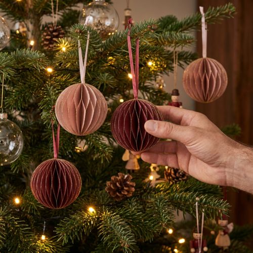 Boules alvéolées en papier Bordeaux et Rose Ø8 cm pour Noël – Lot de 4 | Floristik24.be