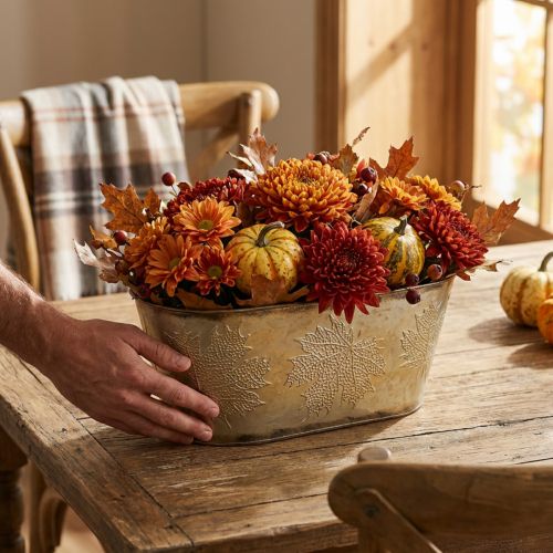 Pot d'automne, coupe-plantes à feuilles, décoration métal doré L38cm H15cm | Floristik24.be