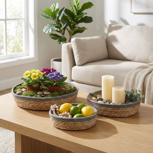 Ensemble de 3 paniers ronds tressés naturels, comprenant des coupes à plantes et un plateau décoratif. Dimensions : Ø 33/30/25 cm, H 8/7 cm. | Floristik24.be