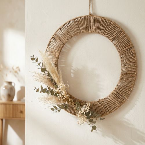 Décoration murale estivale, style bohème, jute et métal, Ø49 cm, décoration à suspendre, couronne de fleurs séchées, style vintage | Floristik24.be