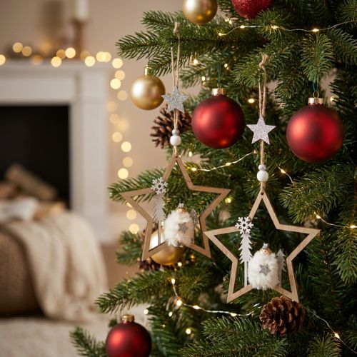 Étoile décorative de Noël en bois avec figurines et détails, 13,5 cm, lot de 4 | Floristik24.be