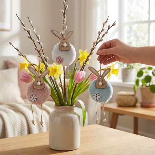 Cintre lapins cintre décoratif Pâques bois peluche 26×7×2cm 6 pcs | Floristik24.be