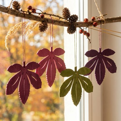 Suspensions décoratives en bois, feuilles d'automne, rose, violet, vert, 12 x 10 cm, lot de 12 | Floristik24.be