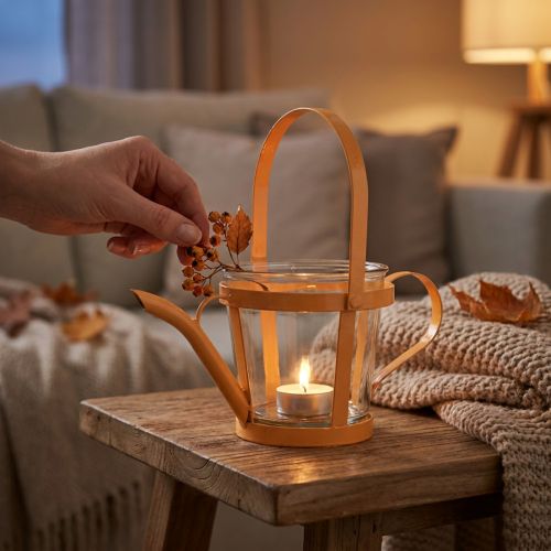 Lanterne verre arrosoir décoratif métal orange Ø14cm H13cm | Floristik24.be