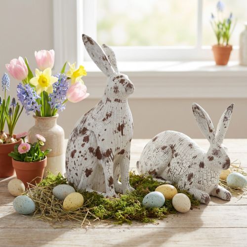 Lapins déco blanc aspect bois vintage Pâques H14,5/24,5cm 2pcs | Floristik24.be