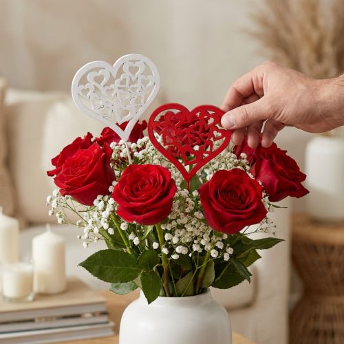 Bouchon fleur coeur rouge, blanc Bouchon décoratif Saint Valentin 7cm 12pcs | Floristik24.be