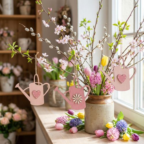 Décoration à suspendre arrosoir en bois déco rose cintre déco 14x12cm 6pcs | Floristik24.be