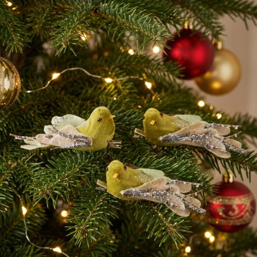 Oiseau décoratif de Noël à pince, vert pailleté, 12 cm, lot de 6 assortis | Floristik24.be