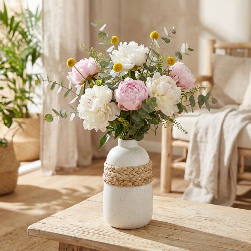 Vase fleuri céramique blanche et jonc de mer décoration estivale H17,5cm | Floristik24.be