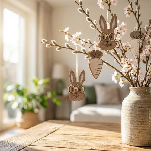 Pendentif en bois lapin avec lunettes carotte marron beige 4×7.5cm 9pcs | Floristik24.be