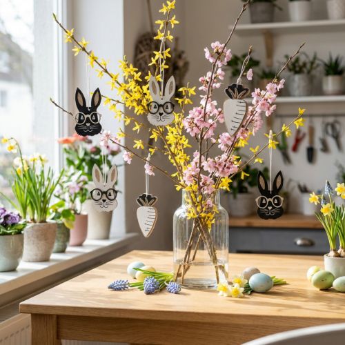 Pendentif en bois lapin avec lunettes carotte paillettes 4×7,5cm 9pcs | Floristik24.be