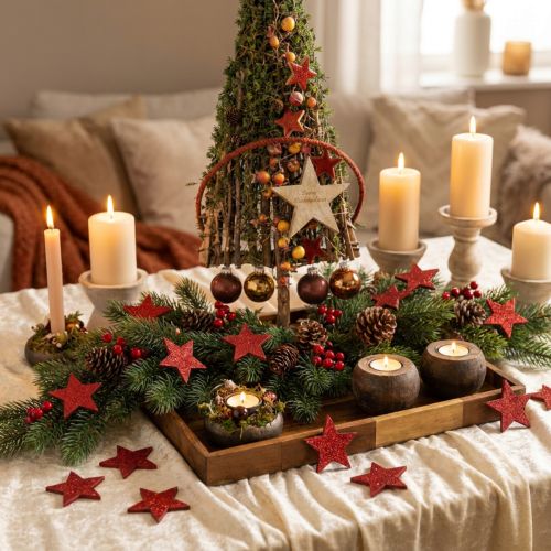 Étoiles en bois étoiles décoratives rouge décoration dispersée effet brillant Ø5cm 12 pcs | Floristik24.be