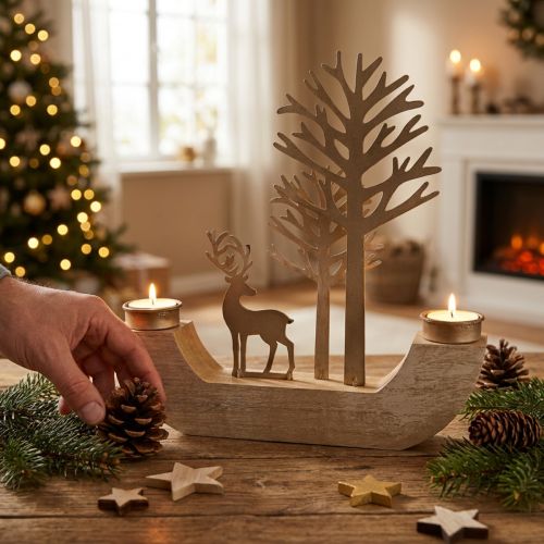 Photophore bois métal cerf décoration forêt 23,5cm | Floristik24.be