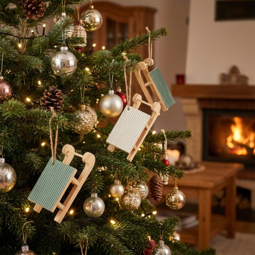 Lot de 6 petits traîneaux décoratifs en bois à suspendre couleur menthe et blanc, 9,5 cm | Floristik24.be