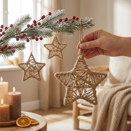Étoile en jute à suspendre naturelle Ø18 cm, lot de 4 pièces | Floristik24.be