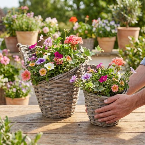 Pot de fleurs en osier naturel, lot de 2, Ø 12,5 cm / 20 cm, style rustique vintage | Floristik24.be
