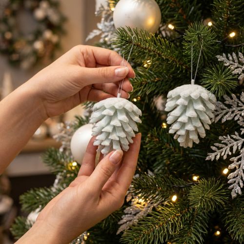 Article Pommes de pin cônes décoratifs à suspendre blanc 7cm 6 pièces