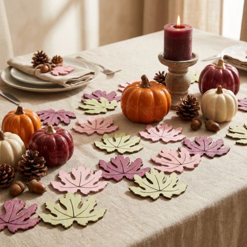 Décorations en bois à éparpiller, feuilles d'automne, décoration de table, violet, rose, vert, 4 cm, 72 pièces | Floristik24.be