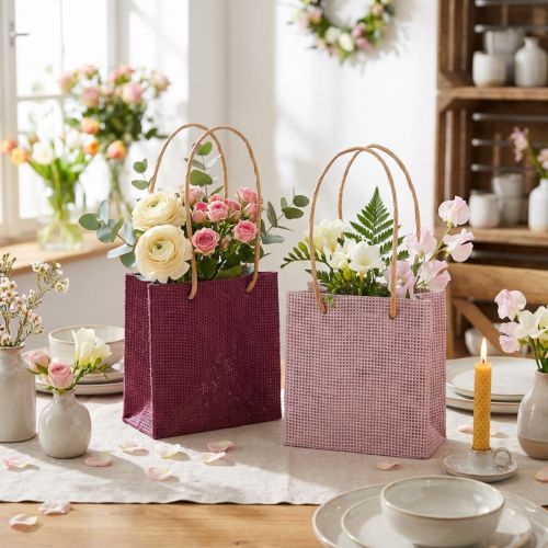 Sacs cadeaux en papier avec poignées rose bordeaux 12x12cm 8 pcs | Floristik24.be