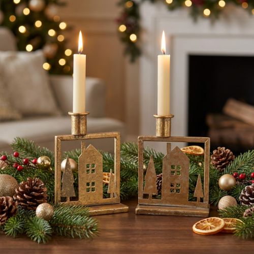 Bougeoir bâton Maison de Noël aspect or antique 10×6×14cm 2pcs | Floristik24.be