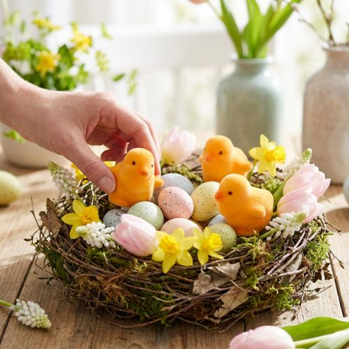 Petits poussins de Pâques, floqués jaunes et orange, 4,5 cm de haut, lot de 18. | Floristik24.be