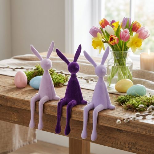 Lapin décoratif de Pâques, floqué lilas, 36 cm, lot de 3 | Floristik24.be