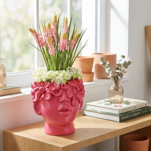 Tête de plante en polyrésine, pot de fleurs, rose, 13,5 x 13 x 14 cm | Floristik24.be