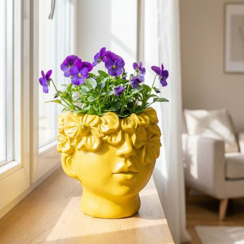 Buste de plante en polyrésine, pot jaune, 13,5 x 13 x 14 cm | Floristik24.be