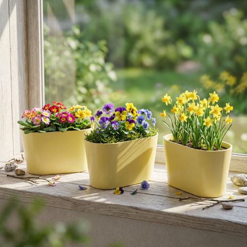 Article Lot de 3 pots de fleurs décoratifs ovales en plastique jaune, dimensions 20 x 10 x 11 cm
