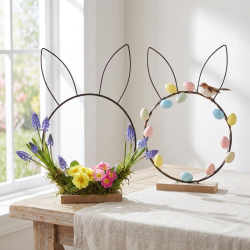 Anneau de décoration lapin métal bois naturel noir Ø20cm 2pcs | Floristik24.be
