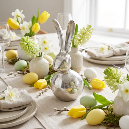 Lapin Décoratif en Métal Pâques en Argent Rond Ø12cm H25cm | Floristik24.be