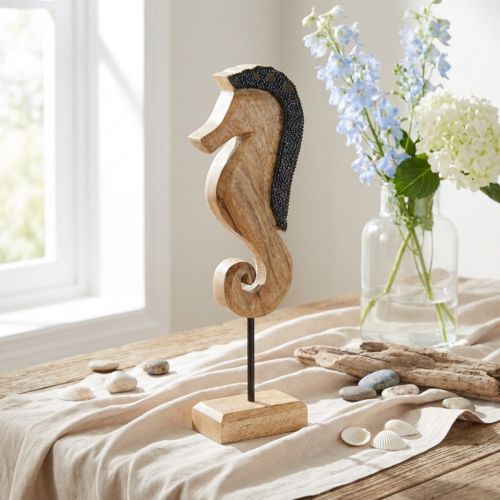 Décoration hippocampe avec perles décoration de table en bois de manguier 28cm | Floristik24.be