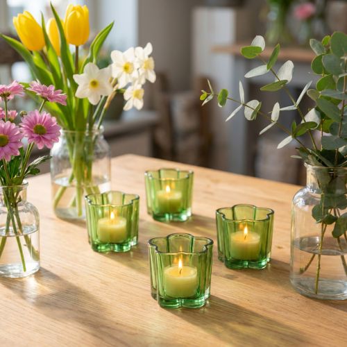 Porte-bougies chauffe-plat décoratifs en verre, forme de fleur, vert, Ø 7,5 cm, H 6 cm, lot de 6 | Floristik24.be