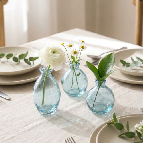 Article Mini vases bulbeux décoratifs en verre teinté bleu H12cm 6 pcs